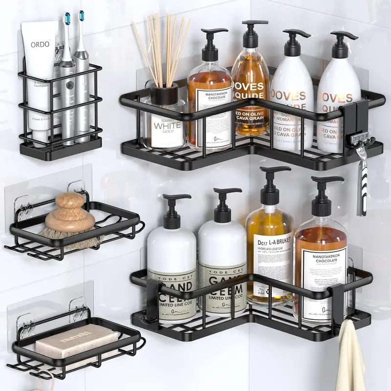 Stainless steel corner shower shelves with soap holder and hooks