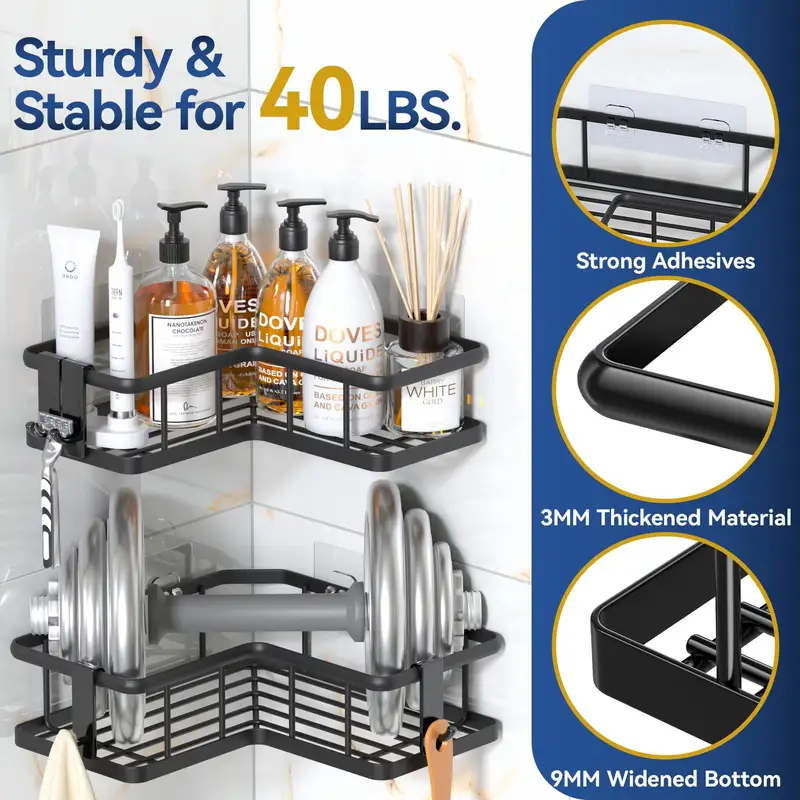 Stainless steel corner shower shelves with soap holder and hooks