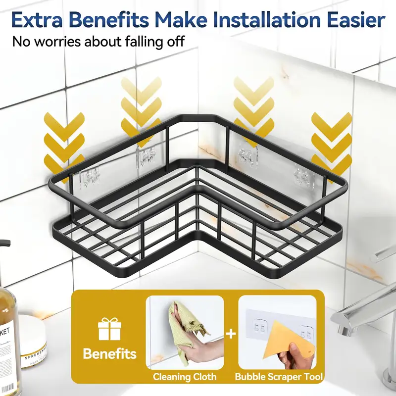 Stainless steel corner shower shelves with soap holder and hooks