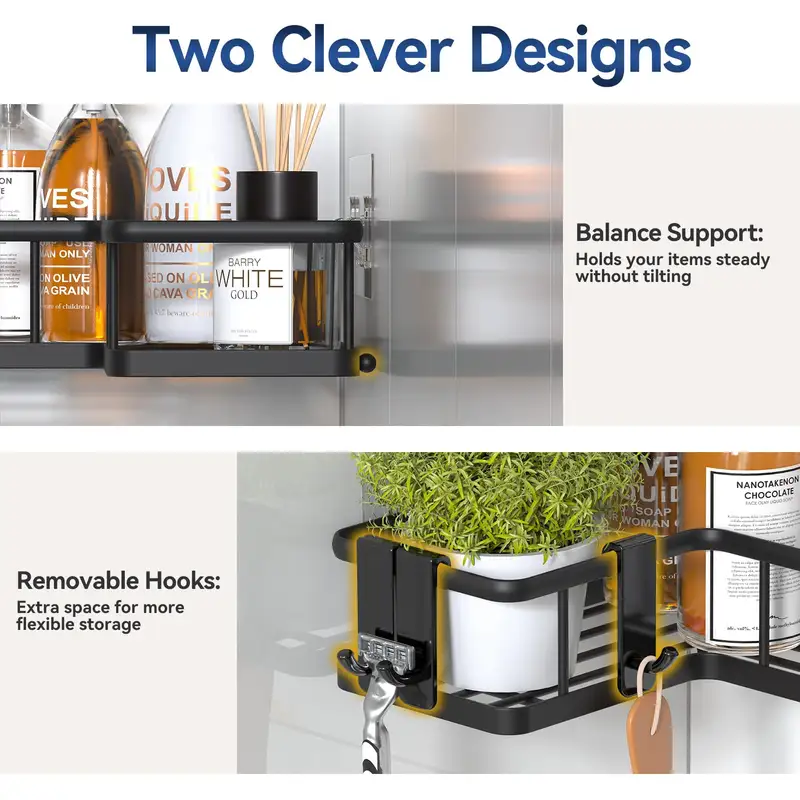 Stainless steel corner shower shelves with soap holder and hooks