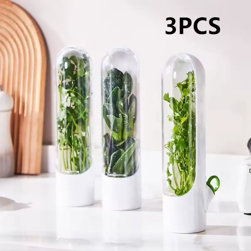 Three clear herb keepers holding fresh herbs in a fridge door
