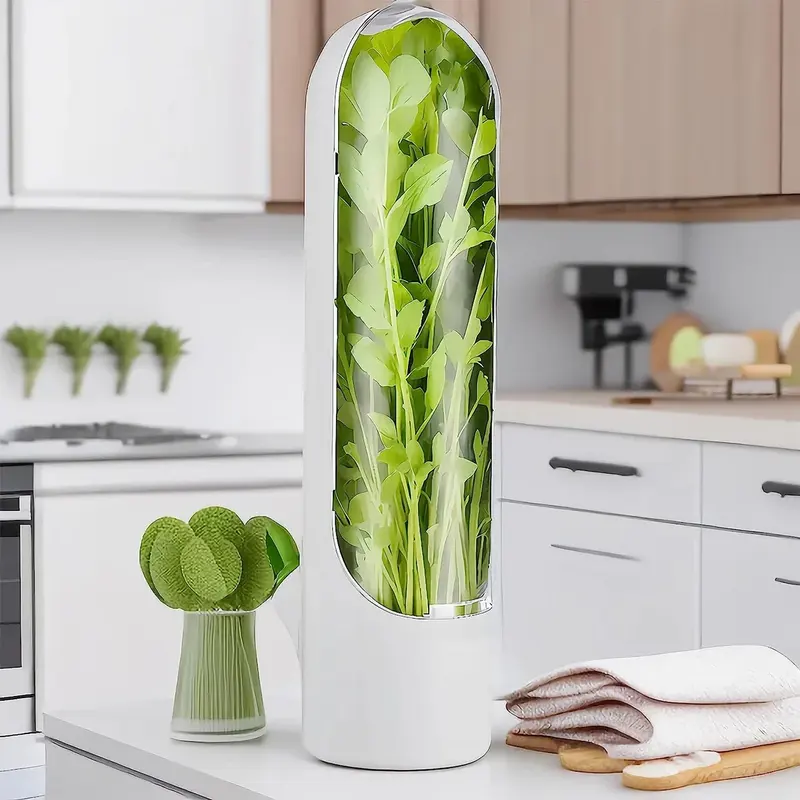 Three clear herb keepers holding fresh herbs in a fridge door