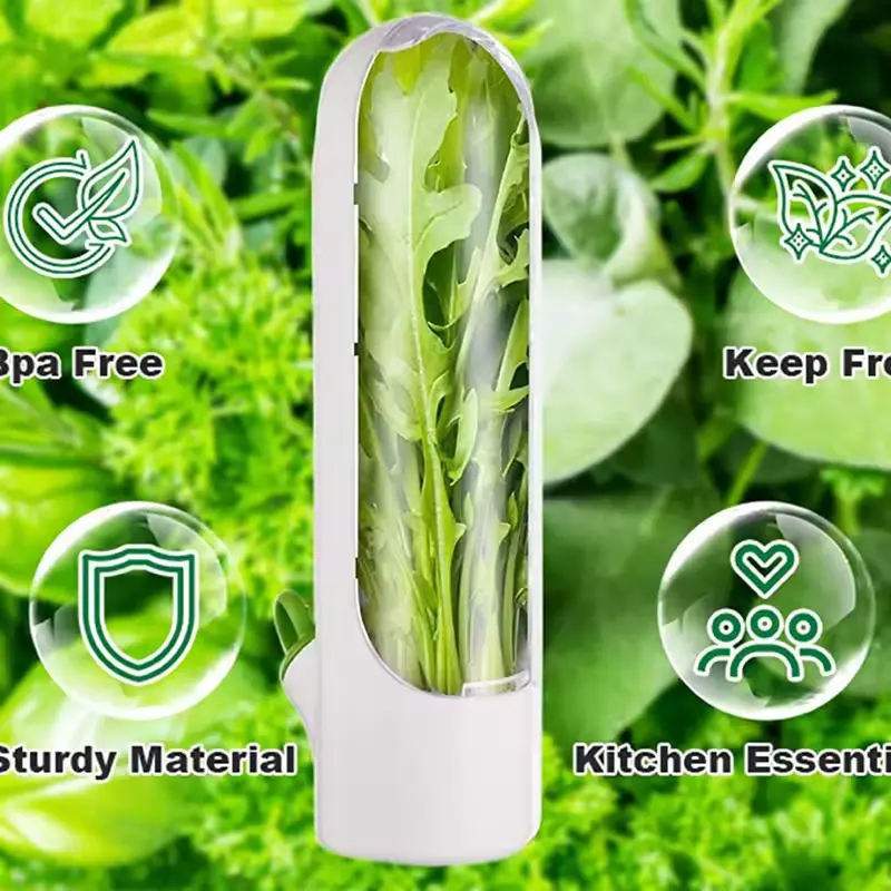 Three clear herb keepers holding fresh herbs in a fridge door