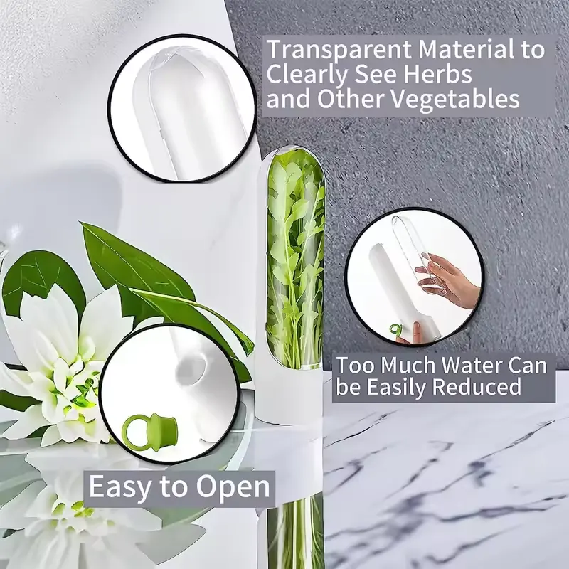 Three clear herb keepers holding fresh herbs in a fridge door