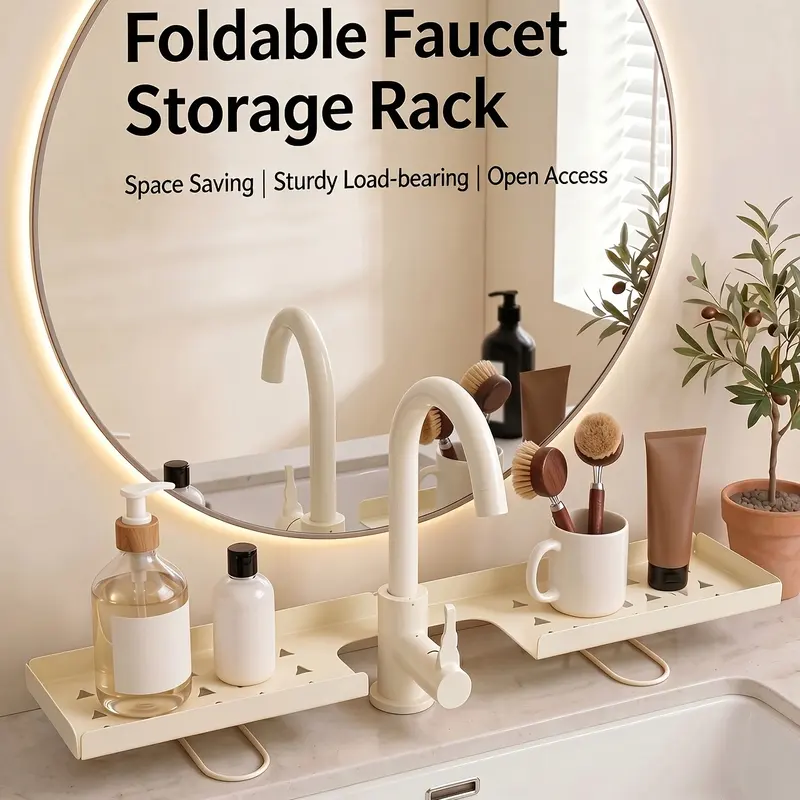 White foldable organizer around a faucet holding toiletries
