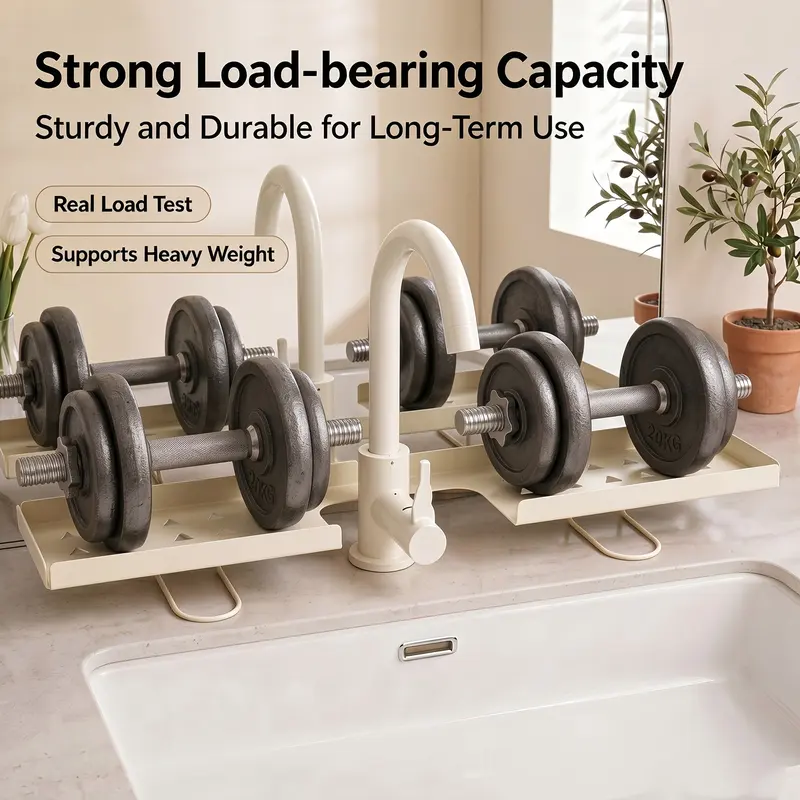 White foldable organizer around a faucet holding toiletries