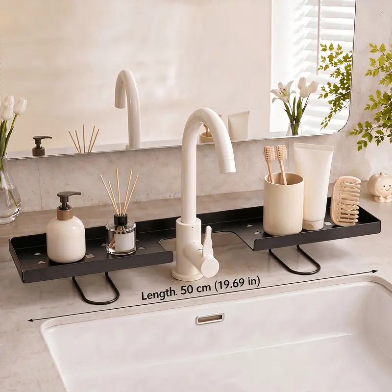 White foldable organizer around a faucet holding toiletries