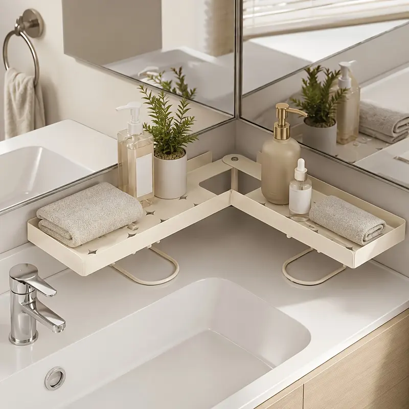 White foldable organizer around a faucet holding toiletries