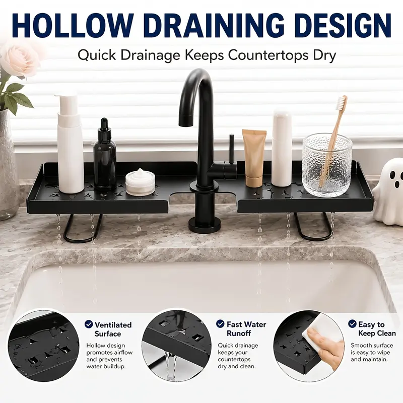 White foldable organizer around a faucet holding toiletries