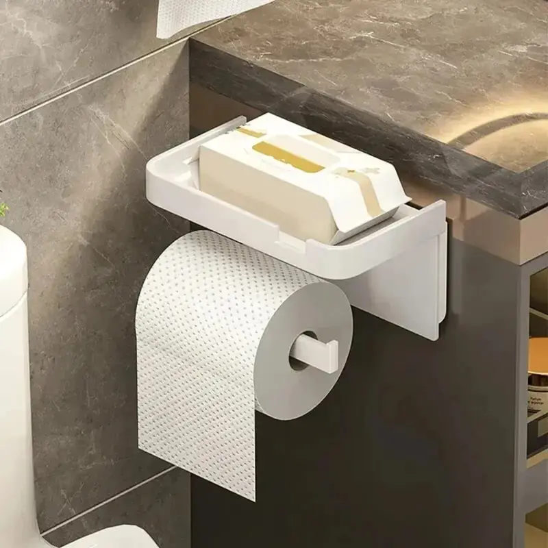Wall-mounted toilet paper holder with a shelf on top