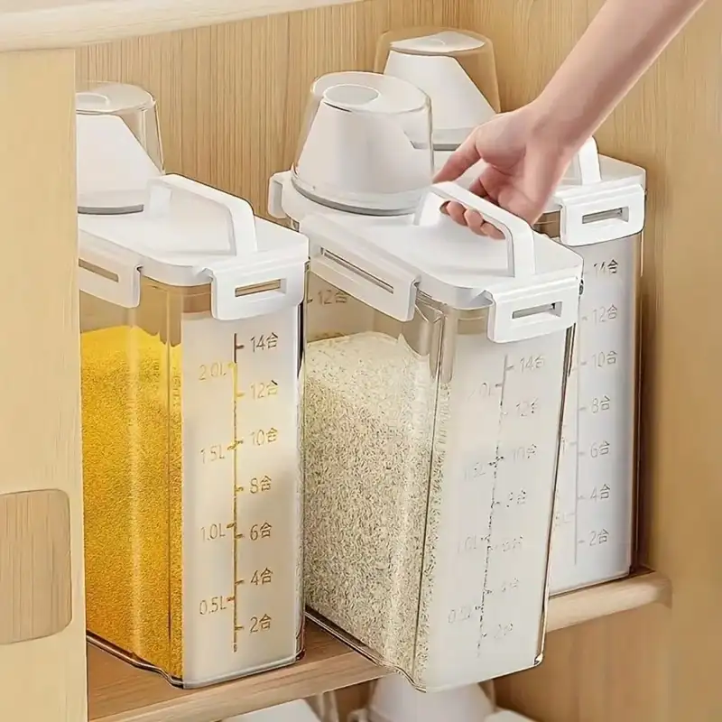 Clear airtight rice and flour bins with measuring cups