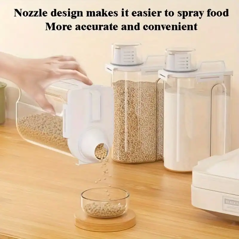 Clear airtight rice and flour bins with measuring cups