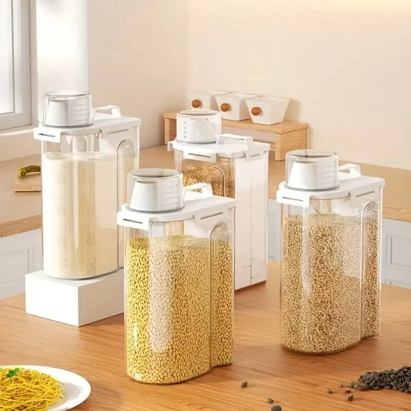 Clear airtight rice and flour bins with measuring cups
