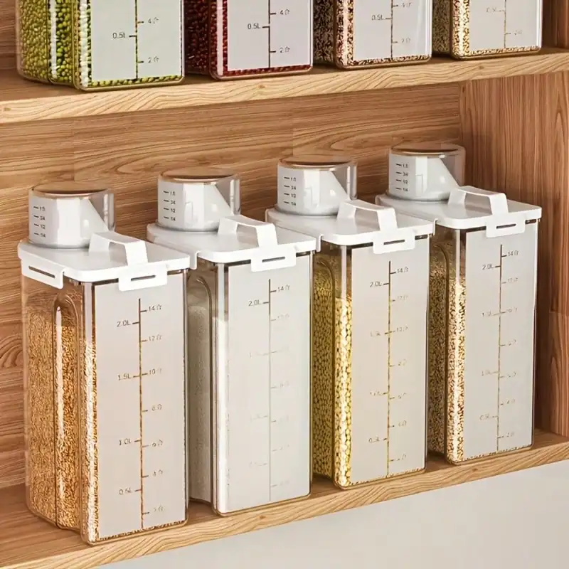 Clear airtight rice and flour bins with measuring cups