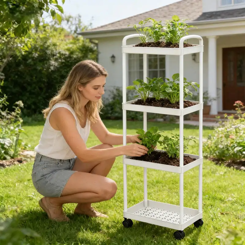White four-tier rolling utility cart with plants outdoors