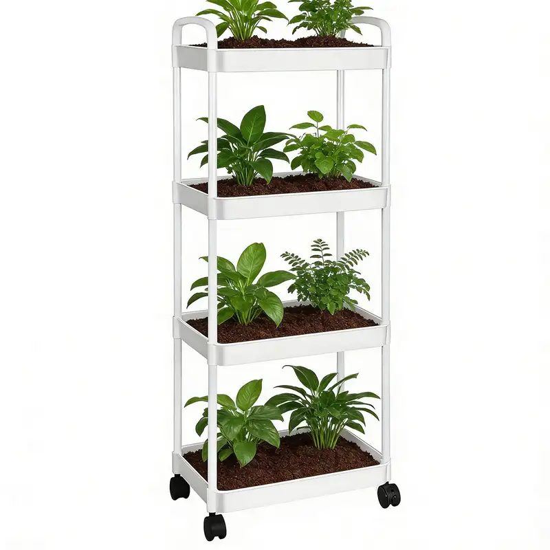 White four-tier rolling utility cart with plants outdoors