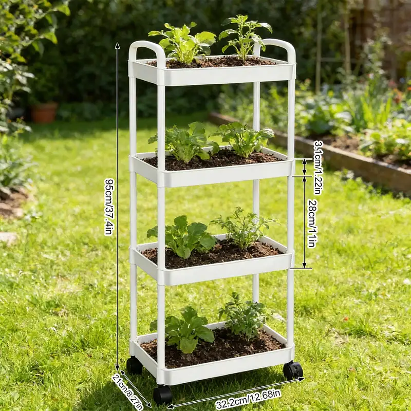 White four-tier rolling utility cart with plants outdoors