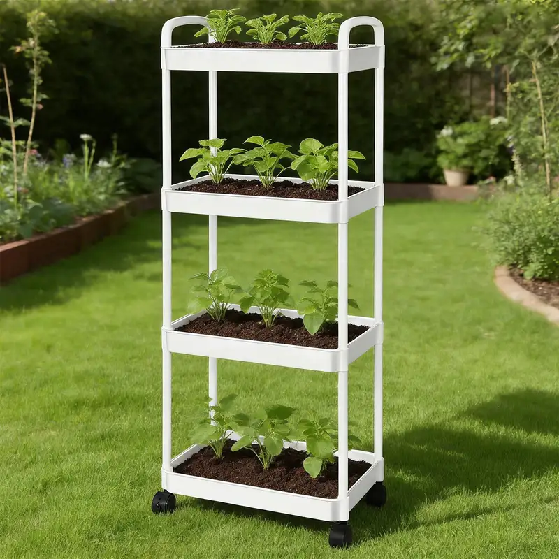 White four-tier rolling utility cart with plants outdoors
