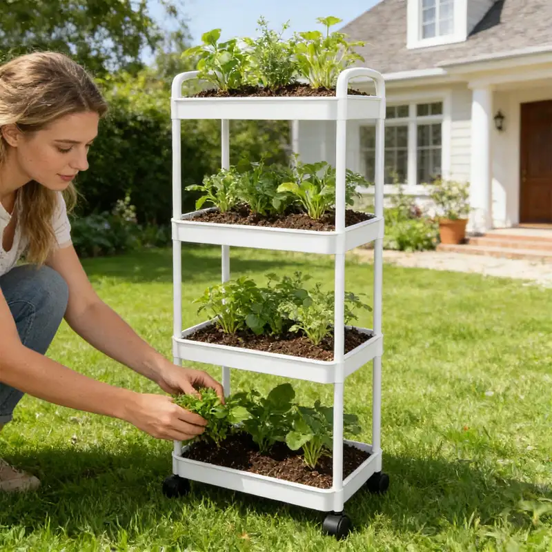 White four-tier rolling utility cart with plants outdoors