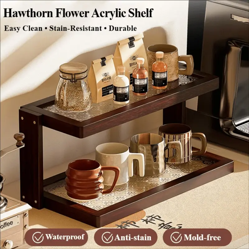 Dark brown wooden coffee counter rack with mugs and jars