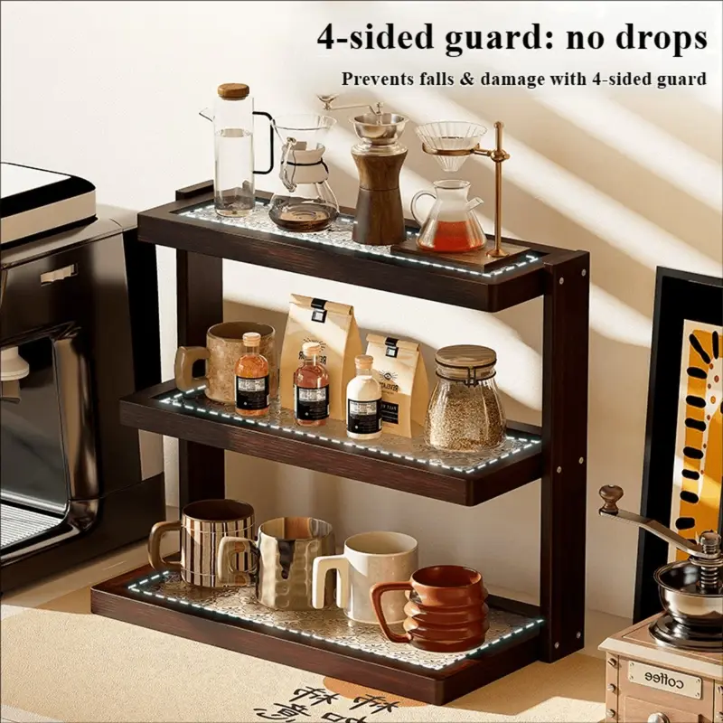 Dark brown wooden coffee counter rack with mugs and jars