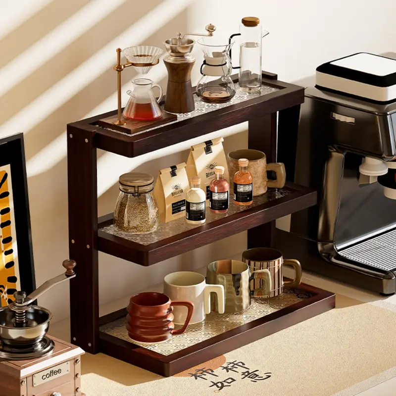 Dark brown wooden coffee counter rack with mugs and jars