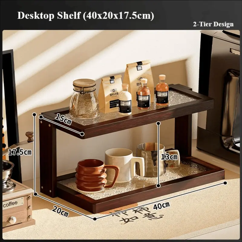 Dark brown wooden coffee counter rack with mugs and jars
