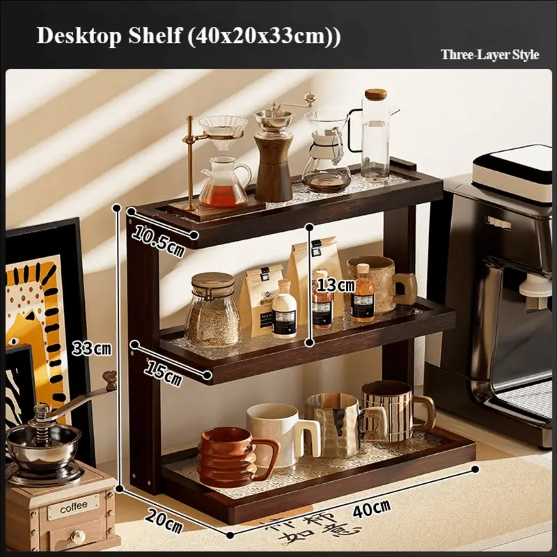 Dark brown wooden coffee counter rack with mugs and jars