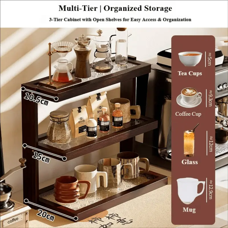 Dark brown wooden coffee counter rack with mugs and jars