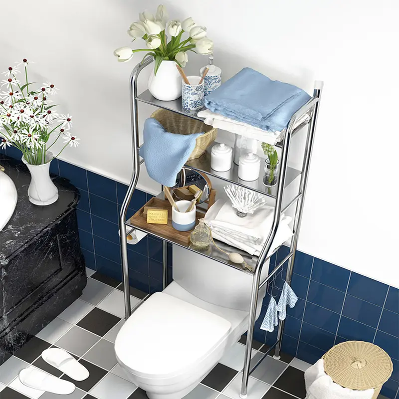 Three-tier stainless steel shelf standing over a toilet