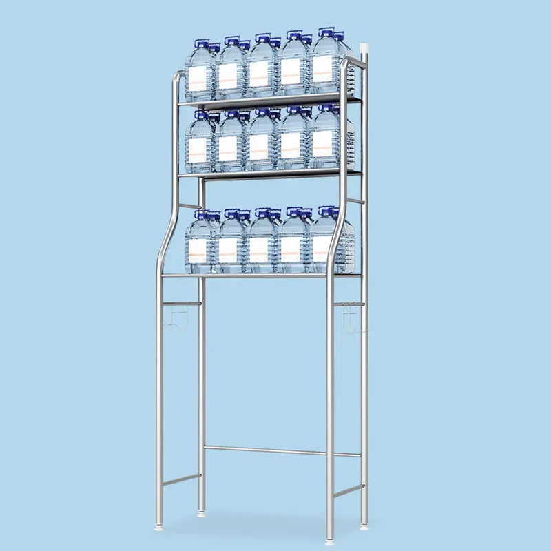 Three-tier stainless steel shelf standing over a toilet