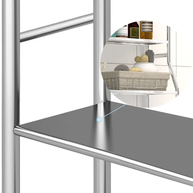 Three-tier stainless steel shelf standing over a toilet