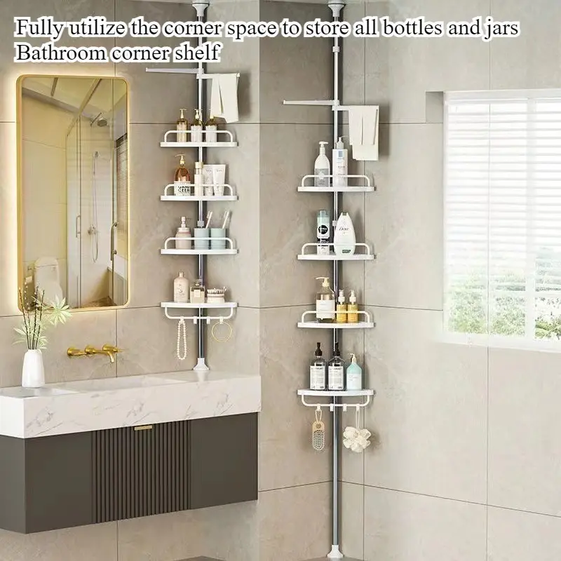 Four-tier telescopic corner rack in a bathroom