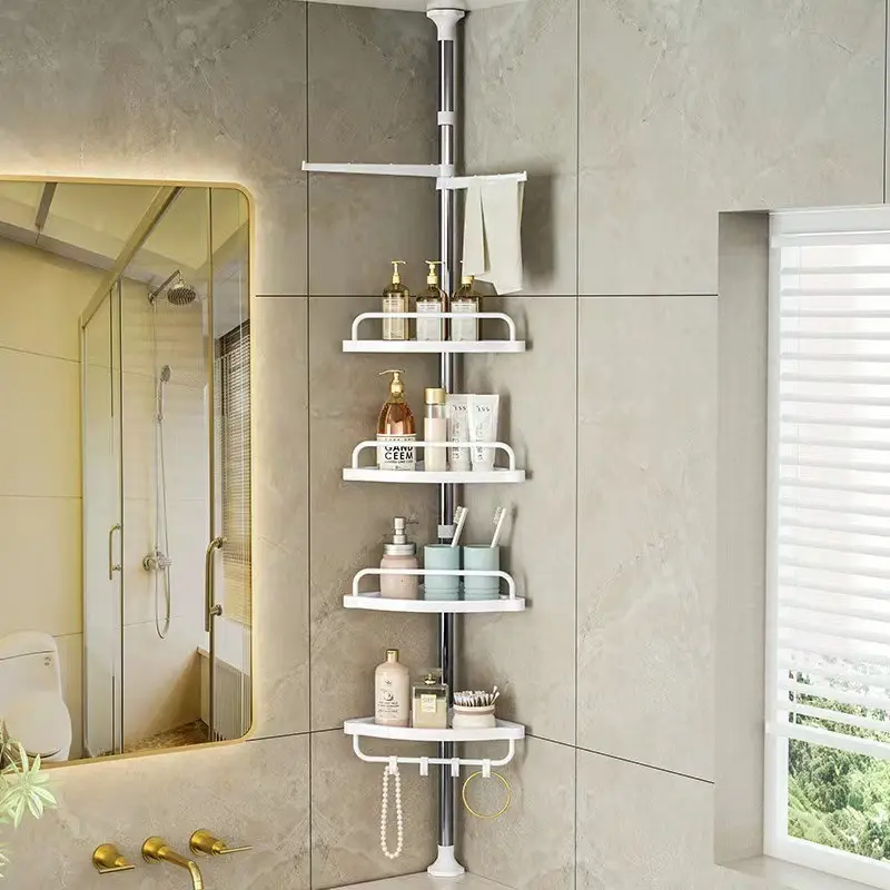Four-tier telescopic corner rack in a bathroom