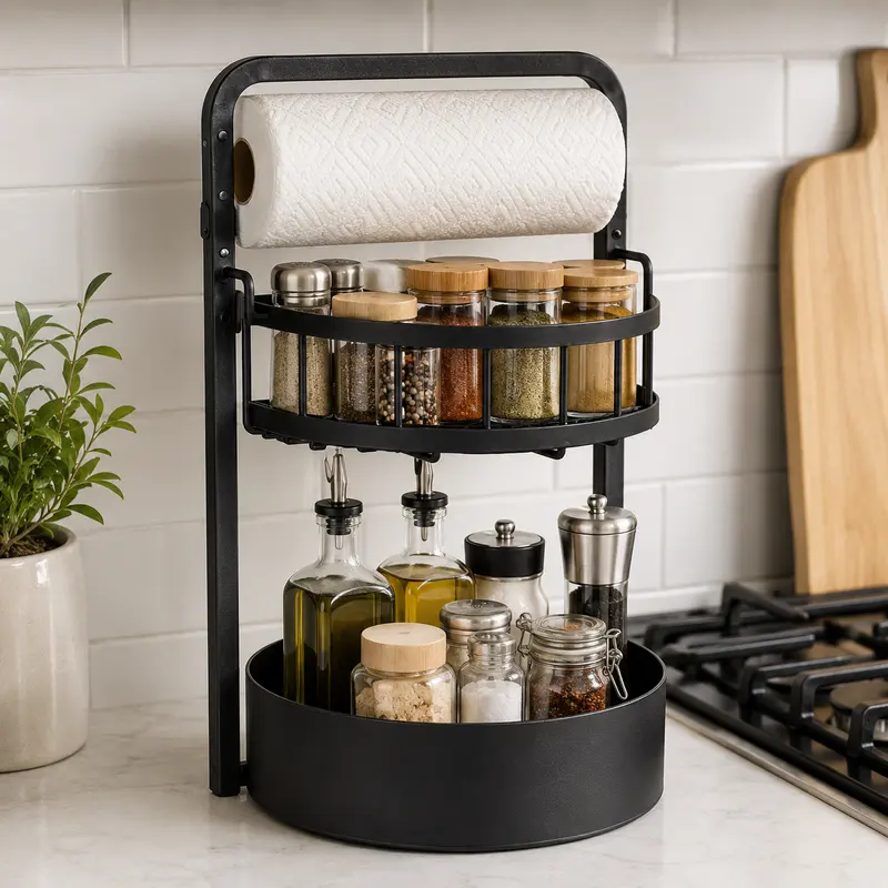 Rotating two-tier spice rack with a paper towel roll on top