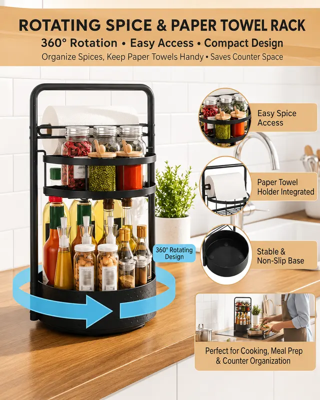 Rotating two-tier spice rack with a paper towel roll on top