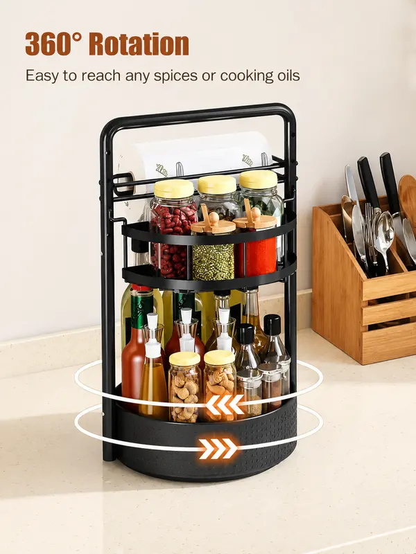 Rotating two-tier spice rack with a paper towel roll on top
