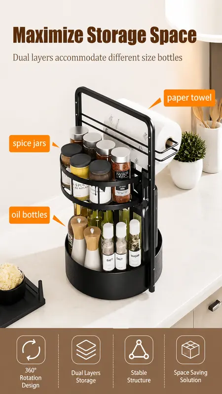 Rotating two-tier spice rack with a paper towel roll on top