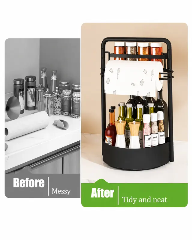 Rotating two-tier spice rack with a paper towel roll on top