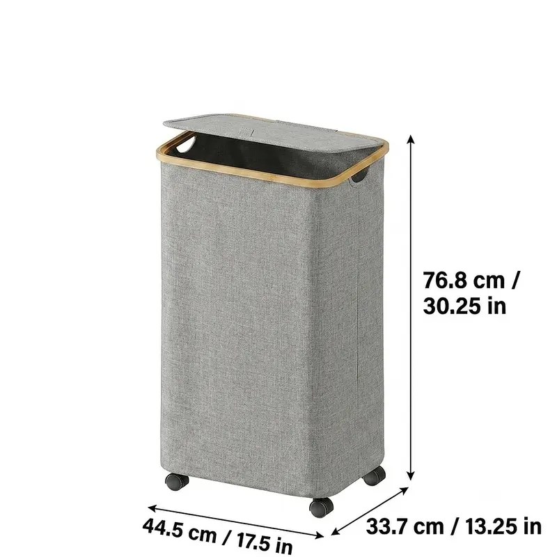 Slim rolling laundry hamper with a lid beside a washing machine