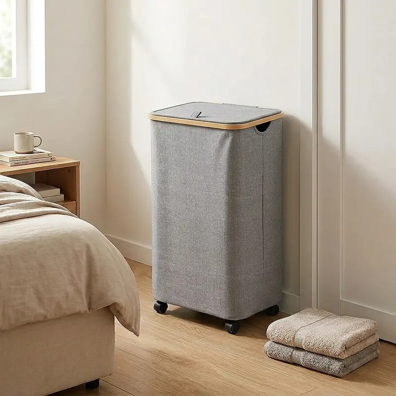 Slim rolling laundry hamper with a lid beside a washing machine