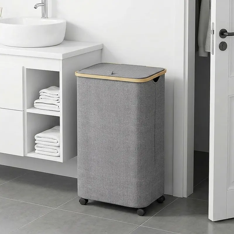 Slim rolling laundry hamper with a lid beside a washing machine