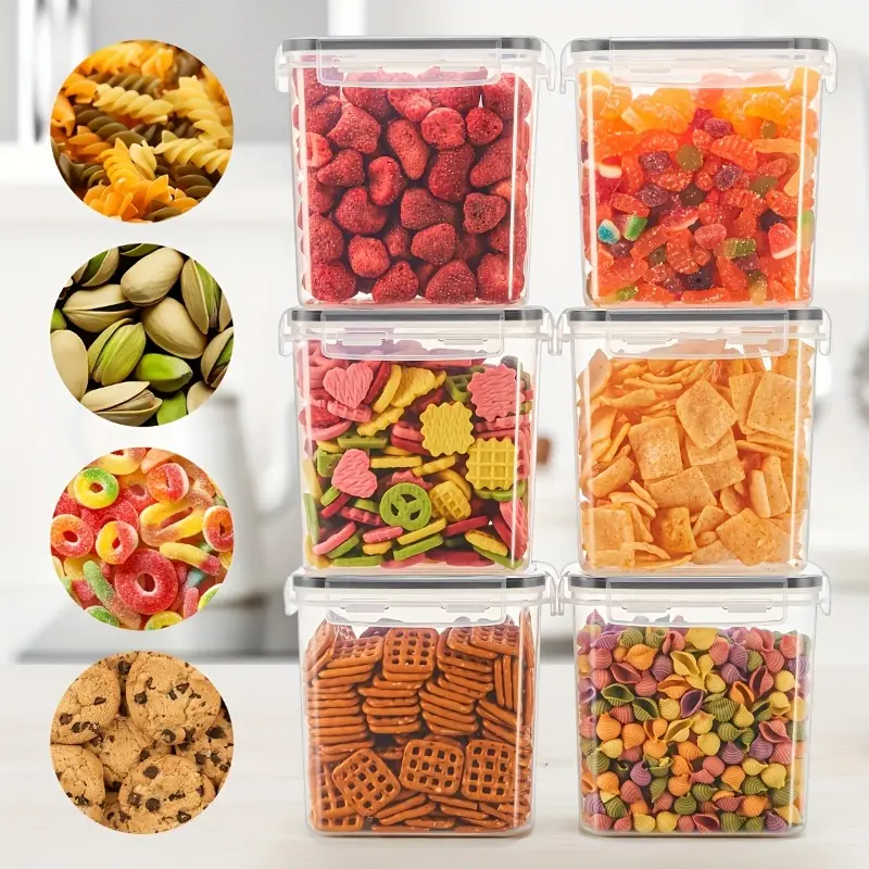 Plastic pantry jars with lids, labels and a pen on a shelf
