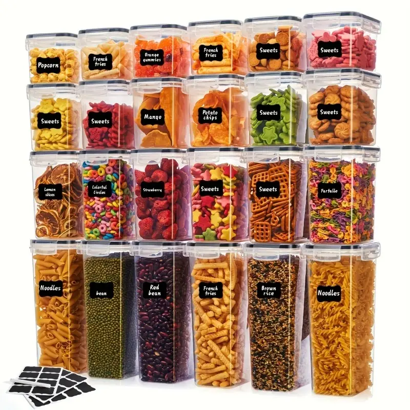 Plastic pantry jars with lids, labels and a pen on a shelf
