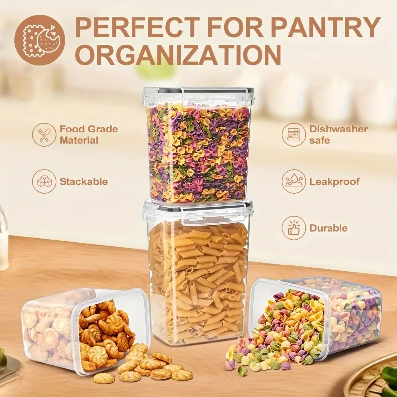 Plastic pantry jars with lids, labels and a pen on a shelf