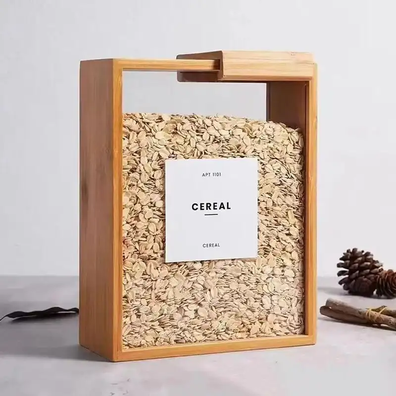 Wood pantry box with a clear sliding lid holding dry goods
