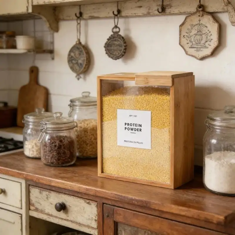 Wood pantry box with a clear sliding lid holding dry goods