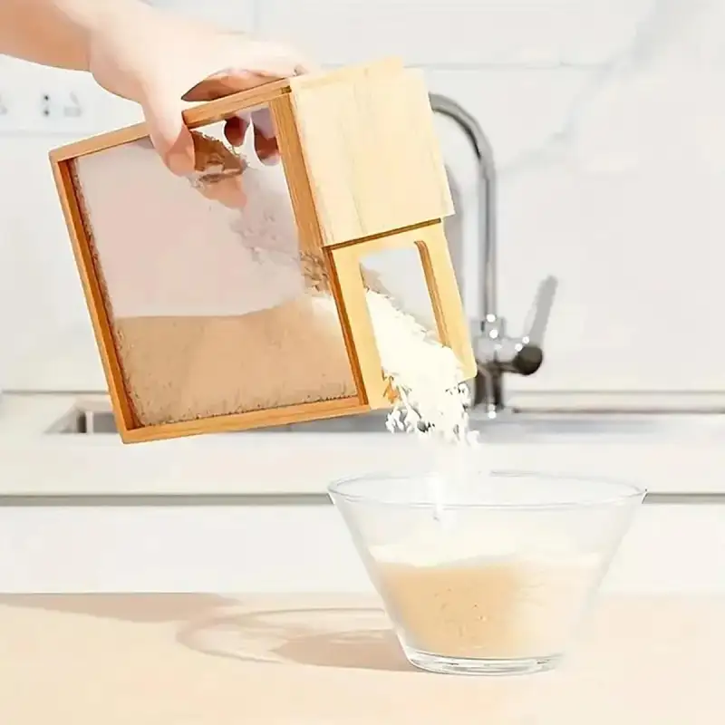Wood pantry box with a clear sliding lid holding dry goods