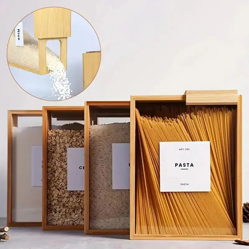 Wood pantry box with a clear sliding lid holding dry goods