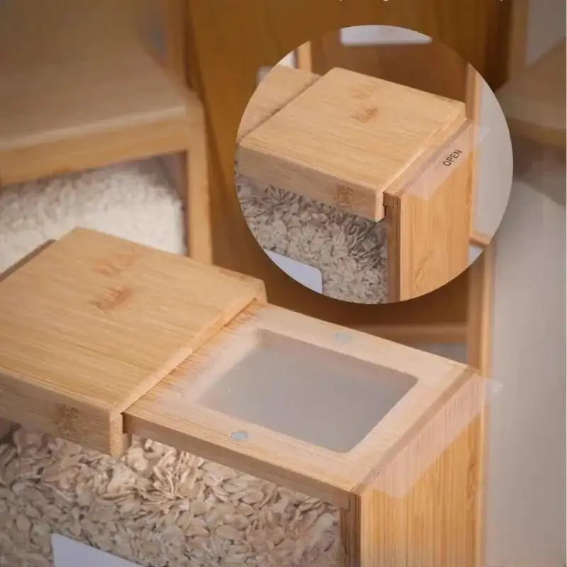 Wood pantry box with a clear sliding lid holding dry goods